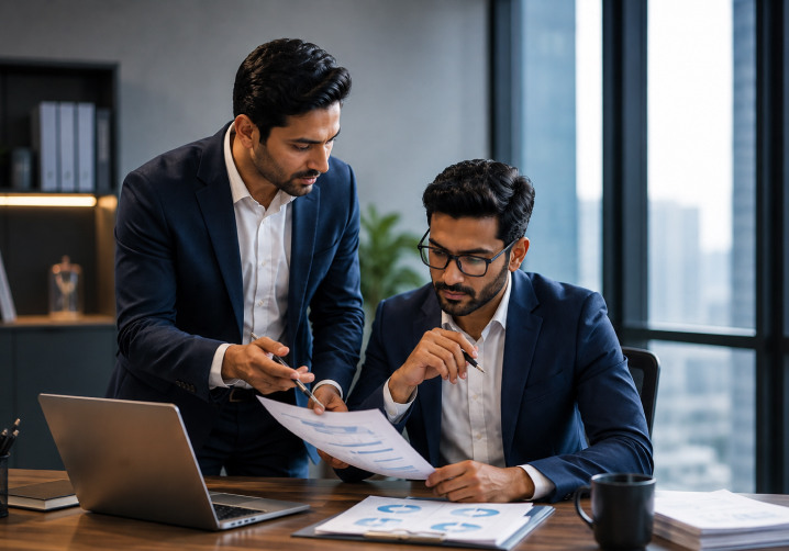 Business leaders reviewing financial information on a tablet
